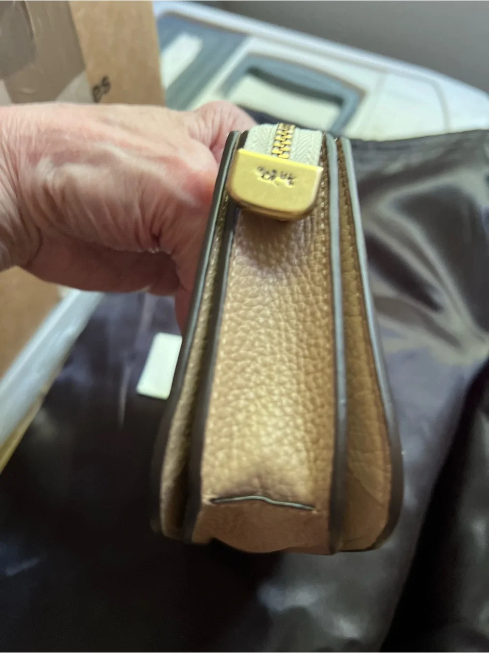 Coach Two-Tone Chalk & Dark Brown Pebbled Leather Crossbody & Gold Chain NWT